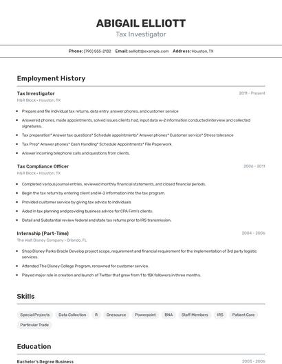 Tax Investigator Resume