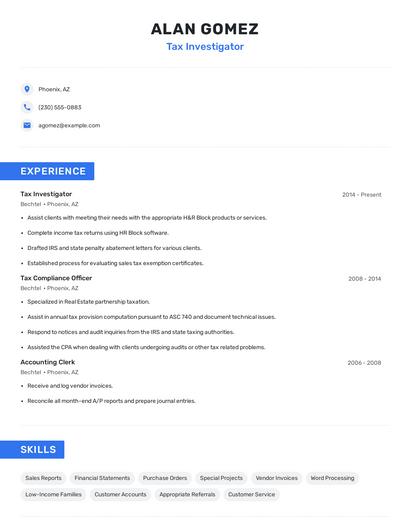 Tax Investigator Resume