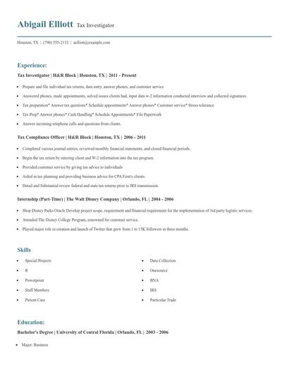 Tax Investigator Resume
