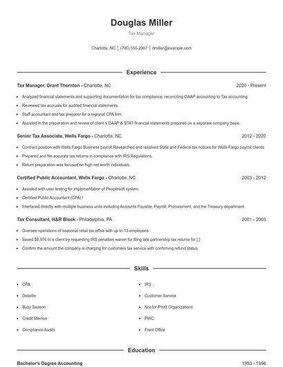 Tax Manager Resume