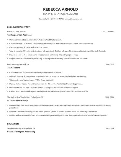 Tax Preparation Assistant Resume