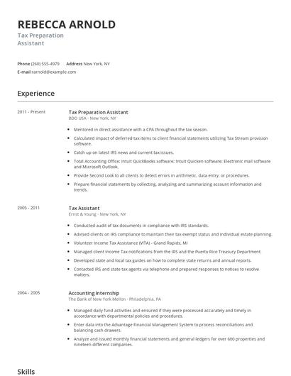 Tax Preparation Assistant Resume