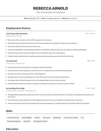 Tax Preparation Assistant Resume