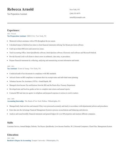 Tax Preparation Assistant Resume