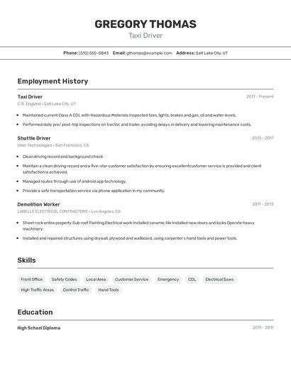 Taxi Driver Resume