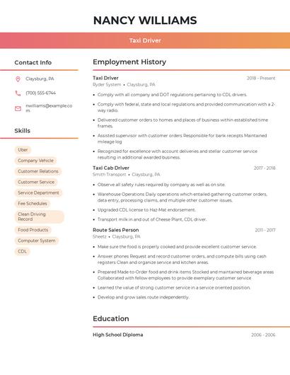 Taxi Driver Resume
