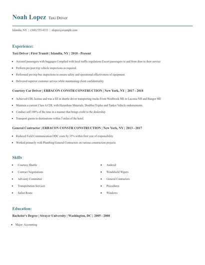 Taxi Driver Resume
