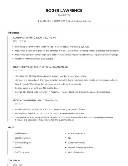 Taxi Driver Resume