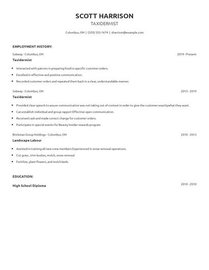 Taxidermist Resume