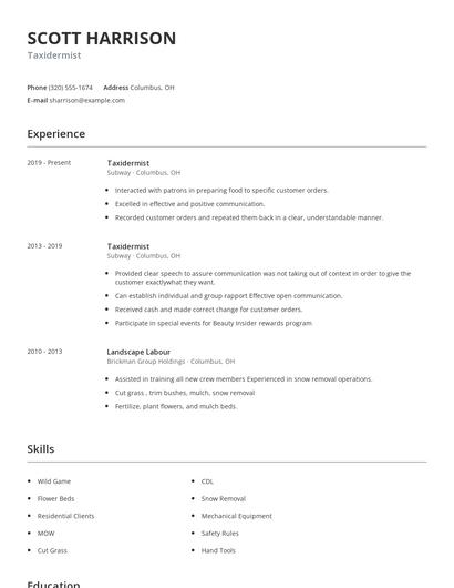 Taxidermist Resume