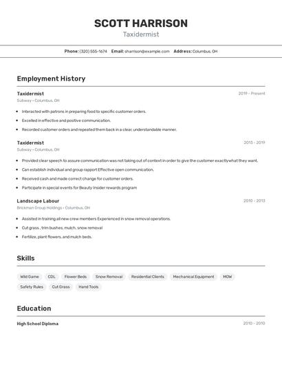 Taxidermist Resume