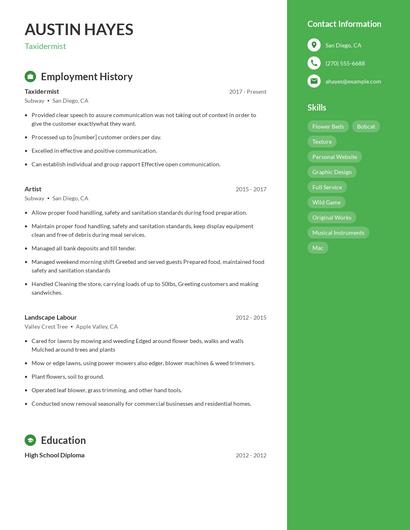 Taxidermist Resume