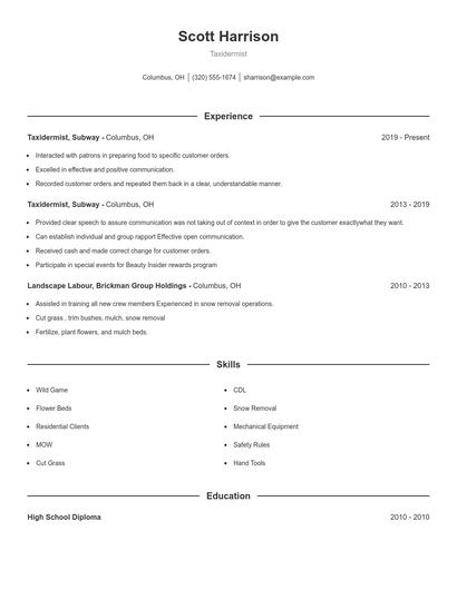 Taxidermist Resume