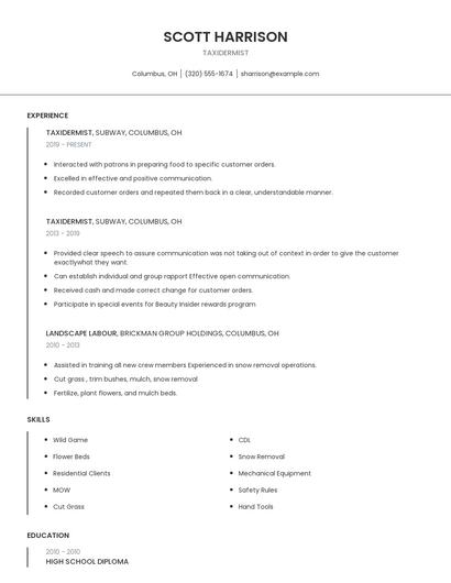 Taxidermist Resume