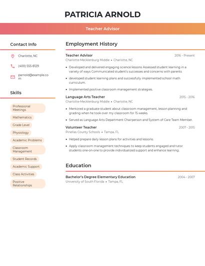 Teacher Advisor Resume