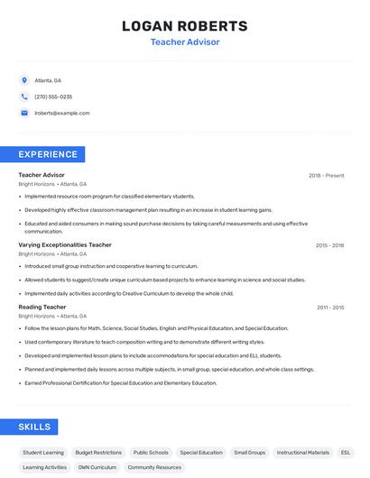 Teacher Advisor Resume