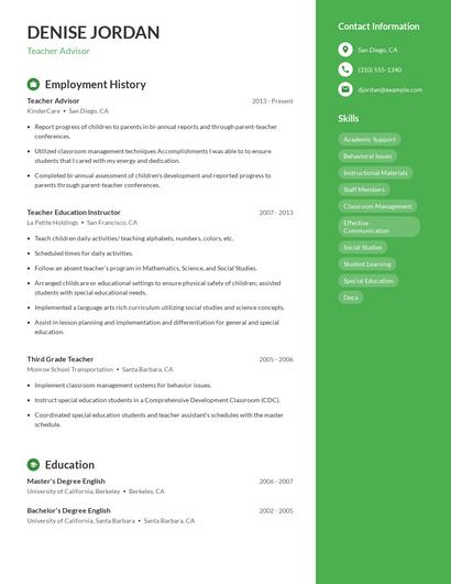 Teacher Advisor Resume