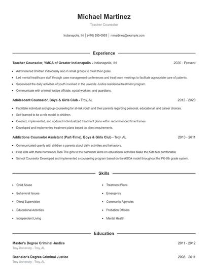 Teacher Counselor Resume