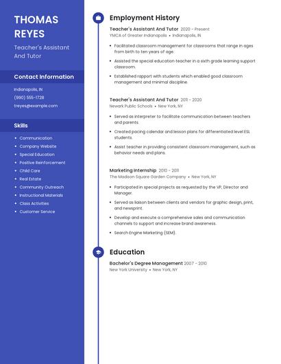 Teacher's Assistant And Tutor Resume