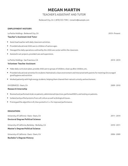Teacher's Assistant And Tutor Resume