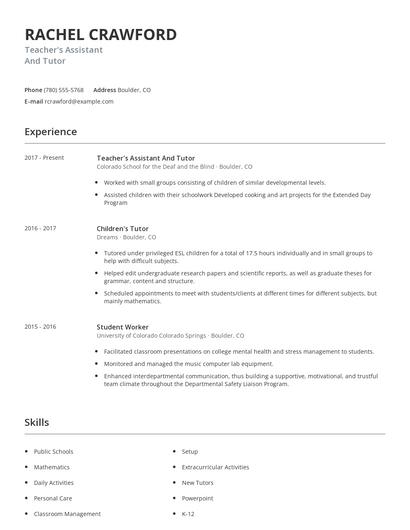 Teacher's Assistant And Tutor Resume