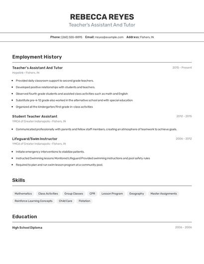 Teacher's Assistant And Tutor Resume
