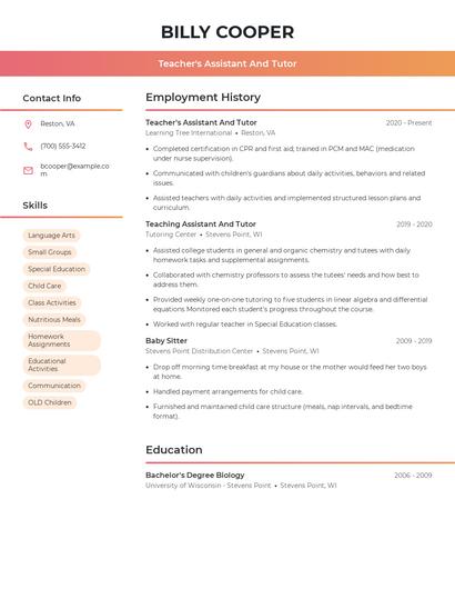 Teacher's Assistant And Tutor Resume