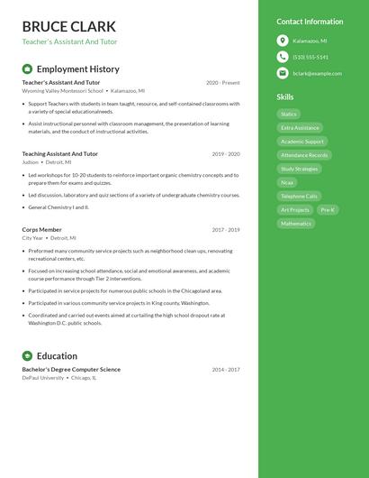 Teacher's Assistant And Tutor Resume