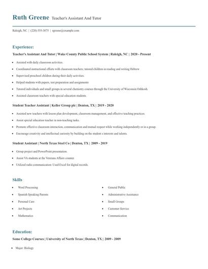 Teacher's Assistant And Tutor Resume