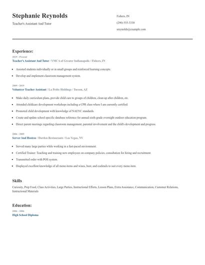 Teacher's Assistant And Tutor Resume