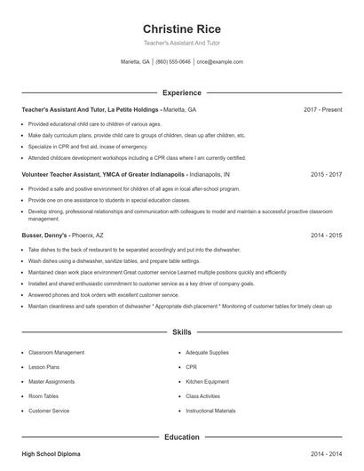 Teacher's Assistant And Tutor Resume