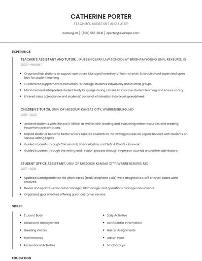 Teacher's Assistant And Tutor Resume