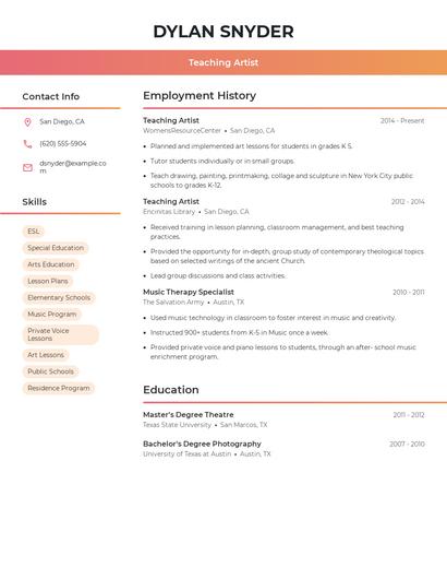 Teaching Artist Resume
