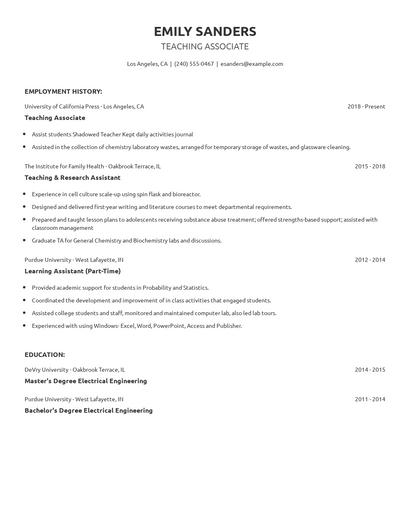 Teaching Associate Resume