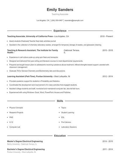 Teaching Associate Resume