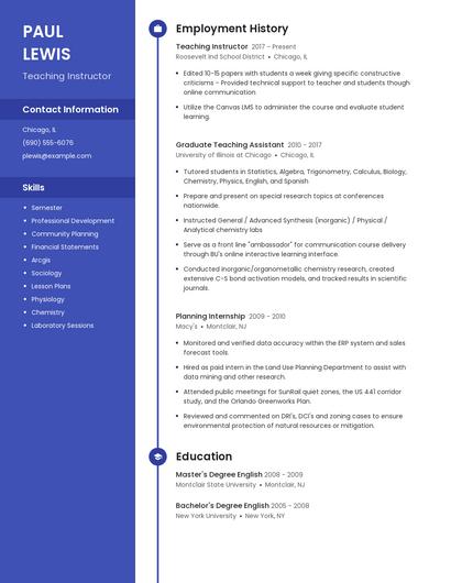 Teaching Instructor Resume