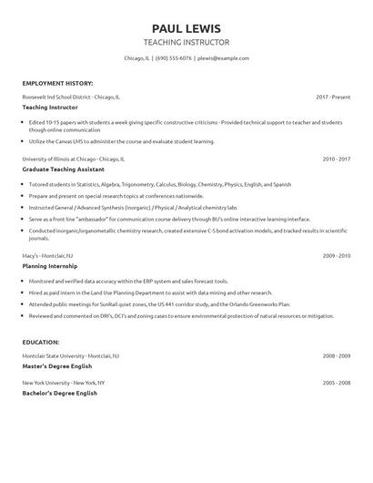 Teaching Instructor Resume