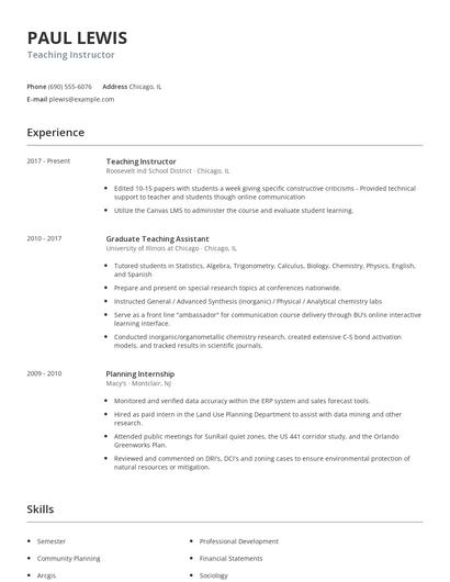 Teaching Instructor Resume