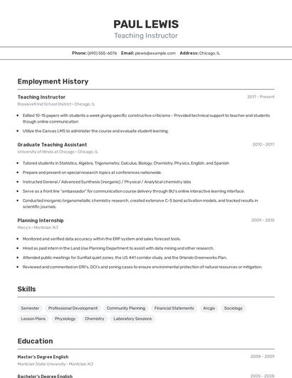 Teaching Instructor Resume