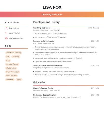 Teaching Instructor Resume