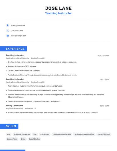 Teaching Instructor Resume