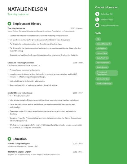 Teaching Instructor Resume