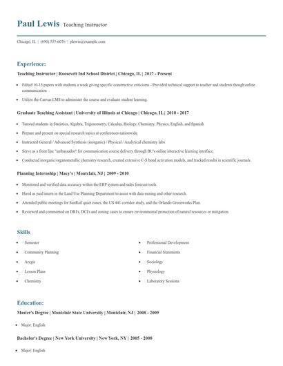 Teaching Instructor Resume