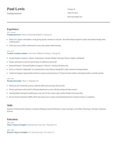 Teaching Instructor Resume