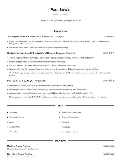 Teaching Instructor Resume
