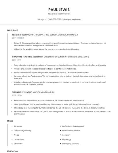 Teaching Instructor Resume