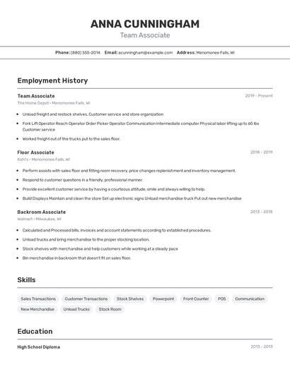 Team Associate Resume