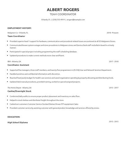 Team Coordinator Resume