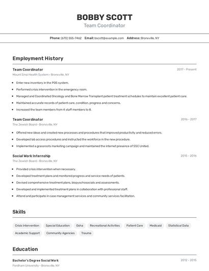 Team Coordinator Resume