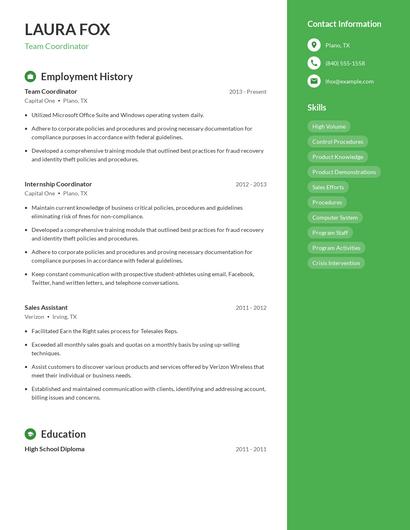 Team Coordinator Resume